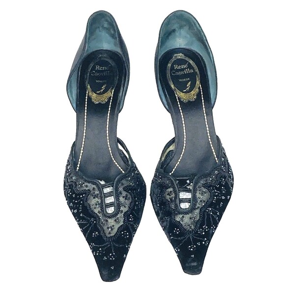 Rene Caovilla Stiletto Heels Pointy Toe Bead D'Orsay 8 8.5 39 Witch Black Velvet - Picture 16 of 16